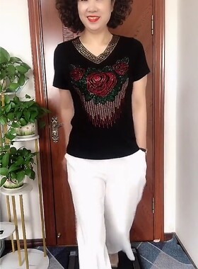 洋气妈妈短袖T恤烫钻修身小衫