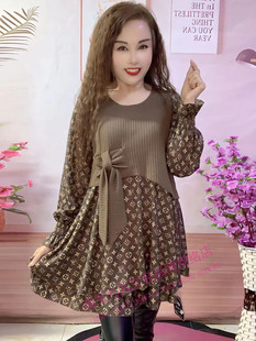 蝴蝶结韩版连衣裙女秋冬长袖高腰圆领遮肚子减龄洋气假两件打底裙