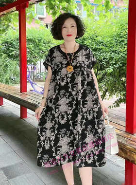 中老年夏季新款连衣裙短袖圆领套头宽松遮肚显瘦时尚休闲风碎花裙