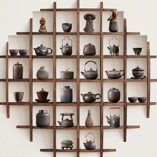中式茶室茶架博古架装饰家居禅意复古怀旧茶壶茶叶罐茶杯套装摆件