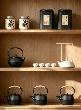 新中式茶楼茶叶店博古架茶具摆件办公室茶室软装茶壶茶叶罐装饰品