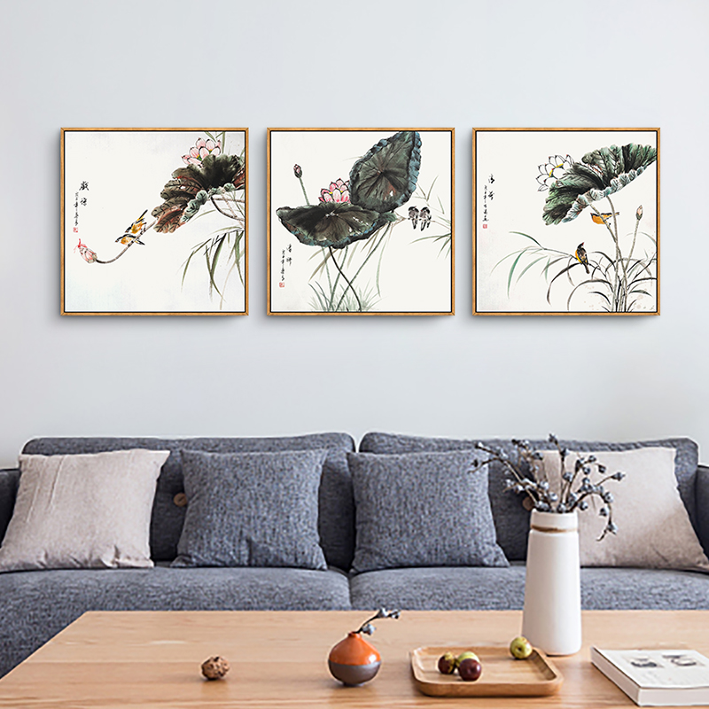 中式风禅意斗方带框餐厅三连画