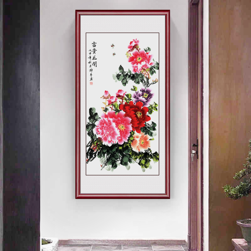 牡丹画国画 入户玄关装饰画竖版挂画 招财风水靠山背景墙客厅装饰