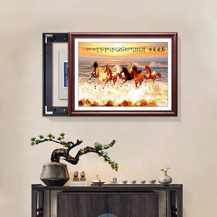 马到成功电表箱装饰画新中式玄关电箱挂画横版液压上翻实木遮挡画