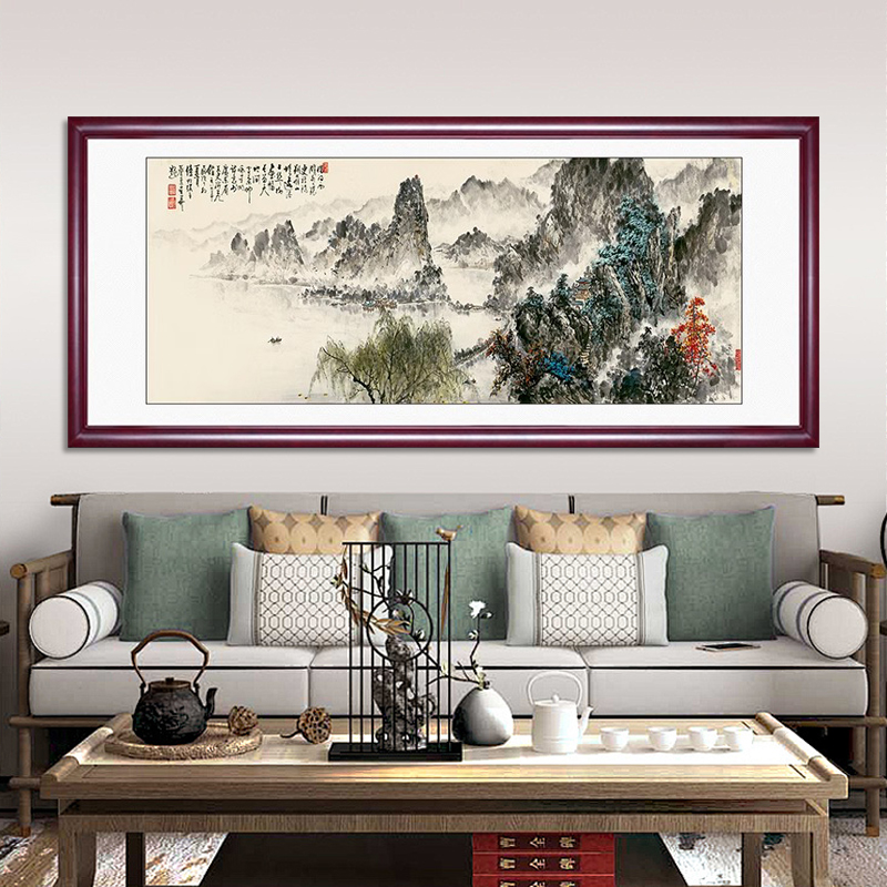 带框群峰叠翠沙发背景墙山水画