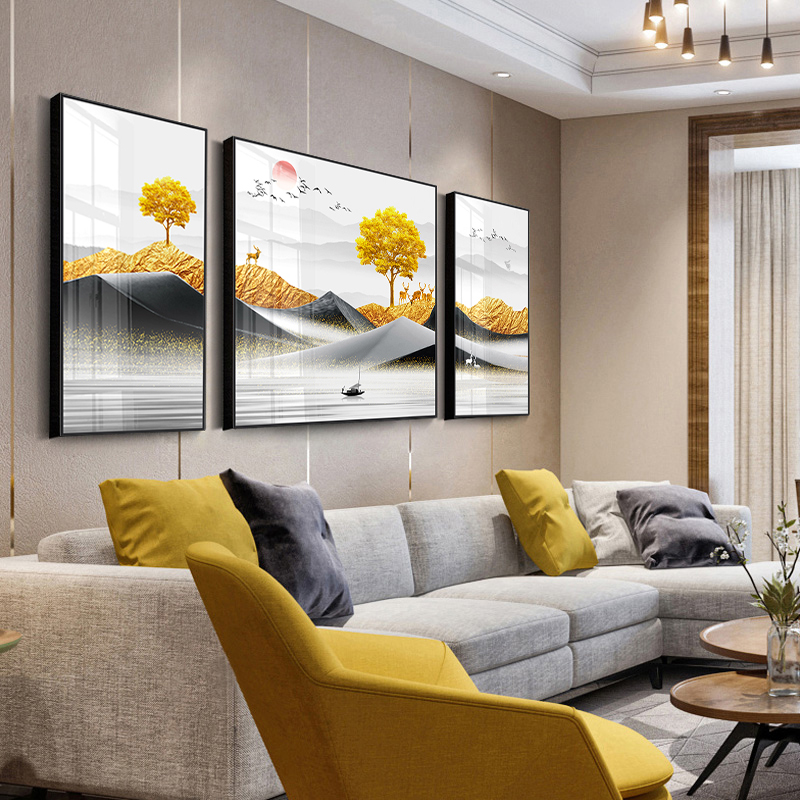 客厅装饰画新中式简约现代沙发背景墙招财水墨挂画三联画山水壁画