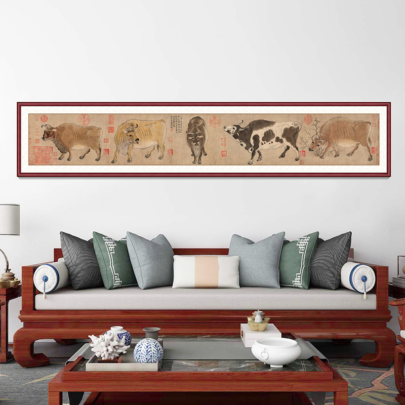 五牛图国画客厅装饰画沙发后面的挂画壁画背景墙新中式三联画墙画