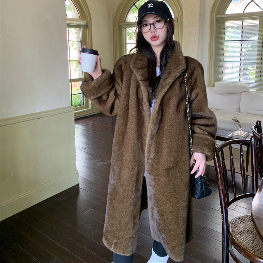 韩版中古环保貂毛中长款立领宽松皮草女毛毛外套高级感皮毛一体