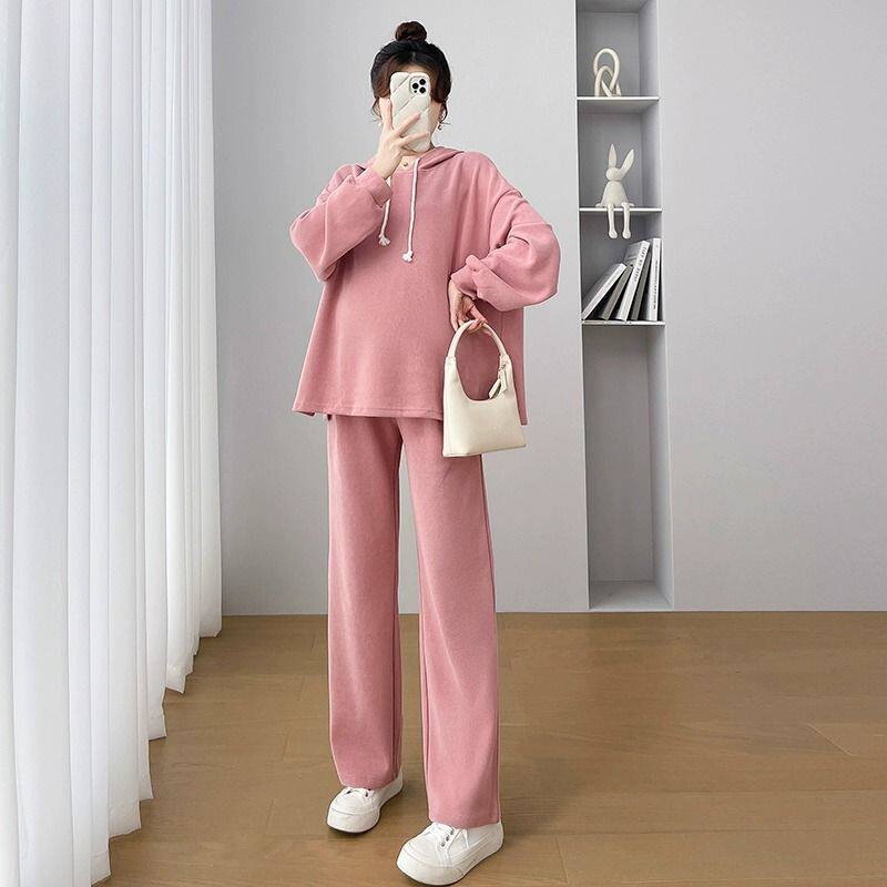 출산 가을 착용 정장 2023 패션 새로운 느슨한 슬림 임신 어머니 후드 티셔츠 조정 가능한 배꼽 넓은 다리 바지를 지원