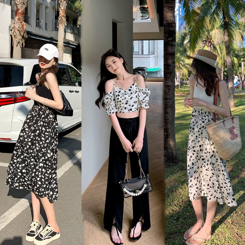 连衣裙女设计感小众假两件碎花吊带裙复古港风纯欲露肩背心套装裤