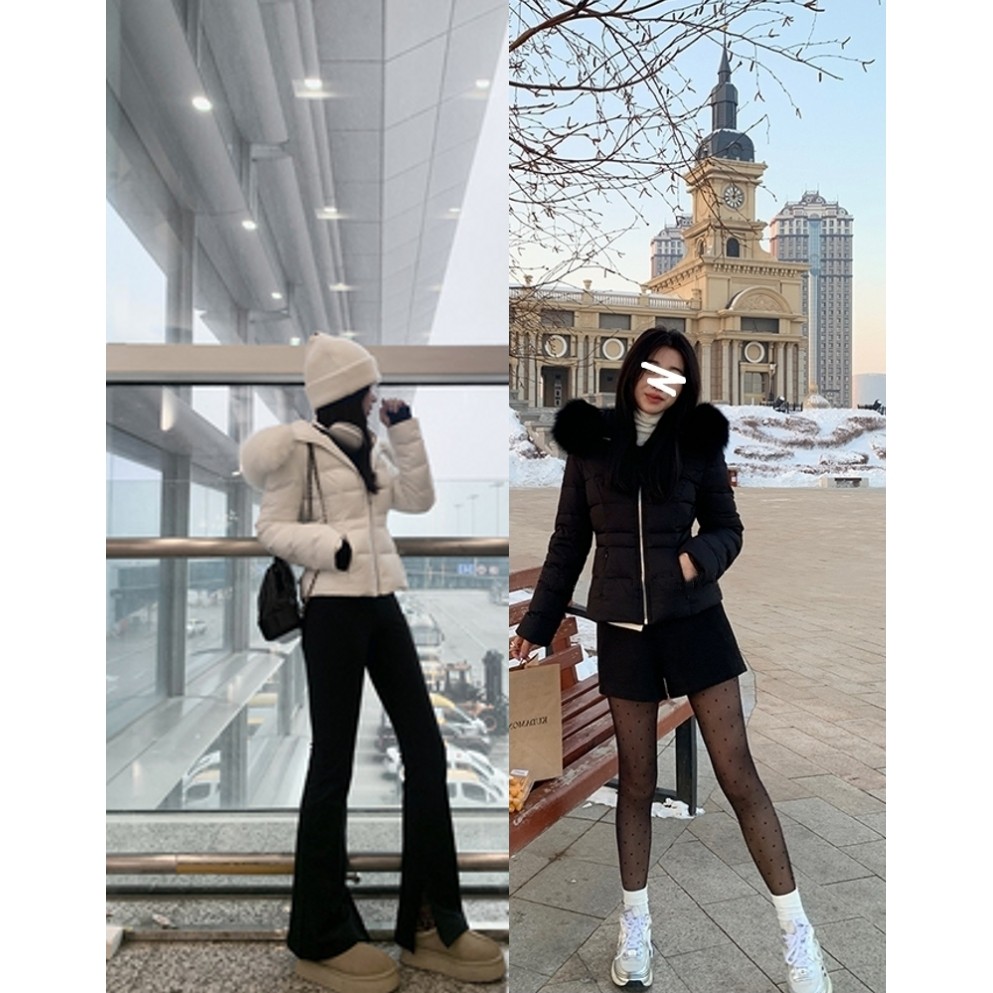 收腰连帽羽绒棉衣女冬毛领短外套