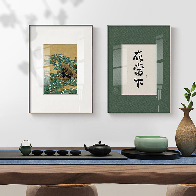 花逐水新中式禅意茶室装饰画绿色壁画水墨字画挂画书房墙画_虎窝淘