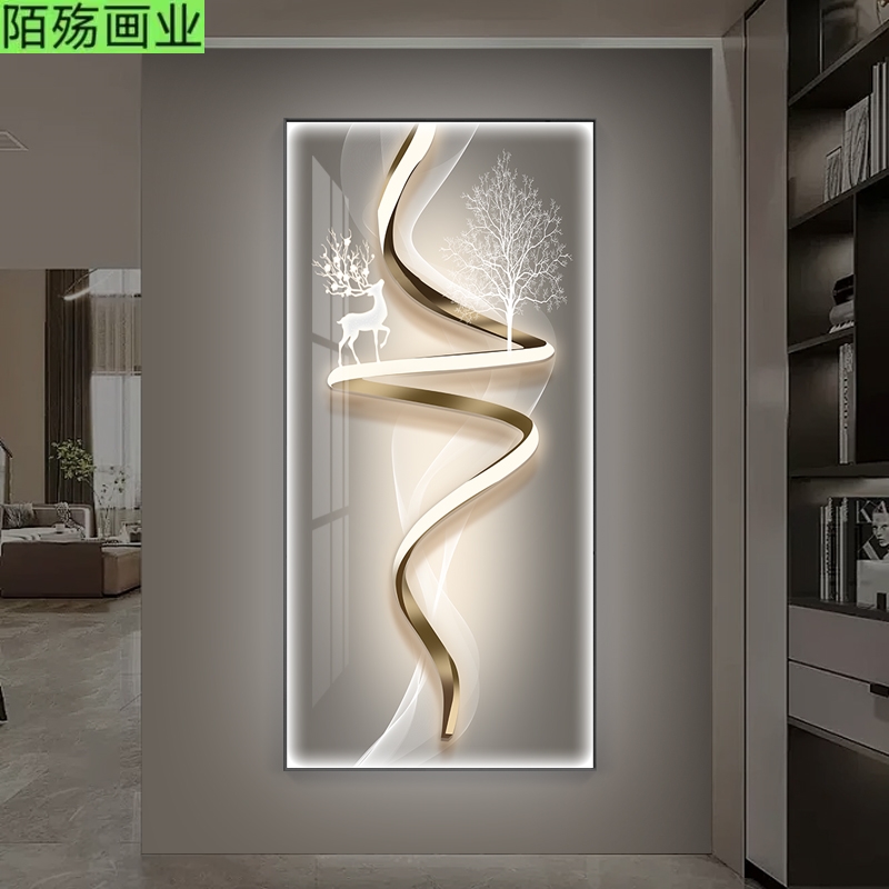入户玄关装饰画现代轻奢高级感竖版挂画走廊过道抽象LED灯壁画鹿图片