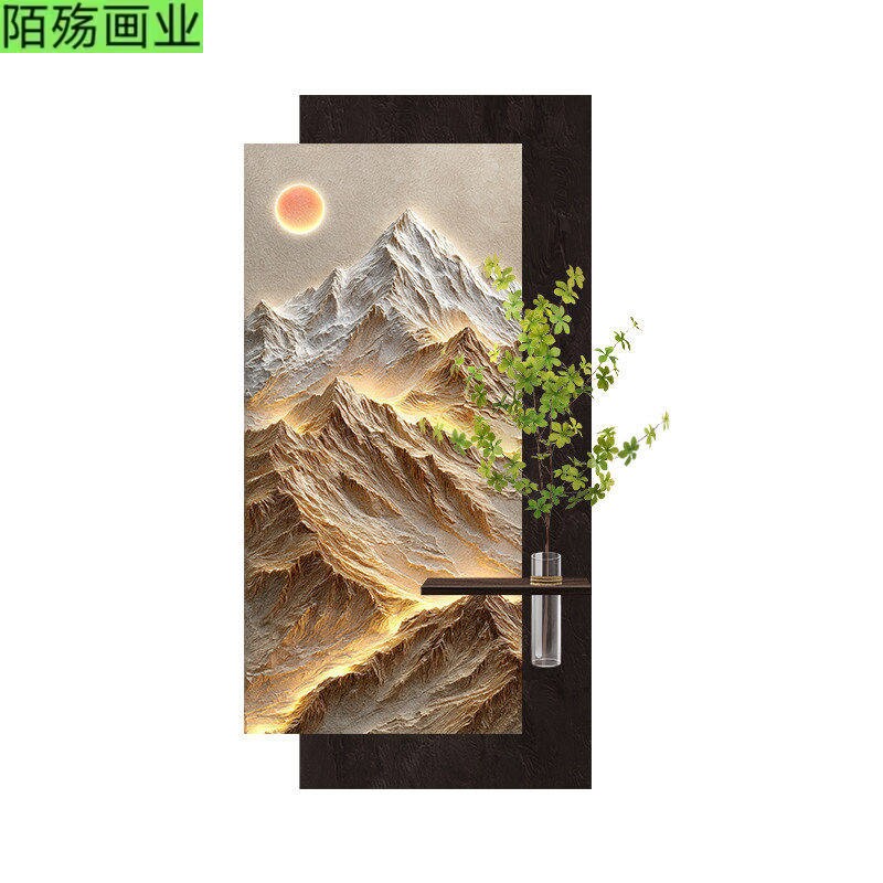轻奢背靠金山玄关装饰画肌理水培绿植走廊挂画立体砂岩入户壁画灯