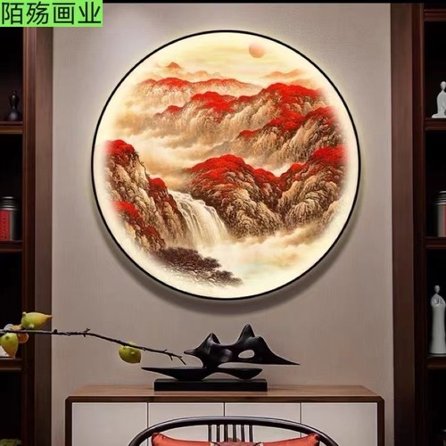 鸿运当头玄关装饰画带灯新中式圆形茶室背景墙灯画办公室山水挂画