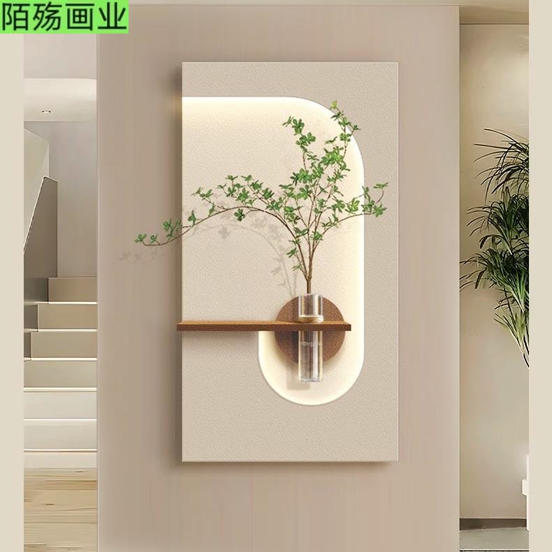 现代轻奢玄关装饰画立体砂岩客厅壁画竖版壁灯挂画走廊过道壁画