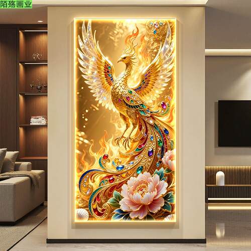 凤凰呈祥玄关装饰画孔雀高级感过道走廊尽头挂画入户正对门壁灯画