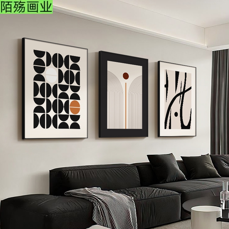 黑白几何沙发背景墙装饰画艺术抽象格调挂画高级肌理感三联画壁画
