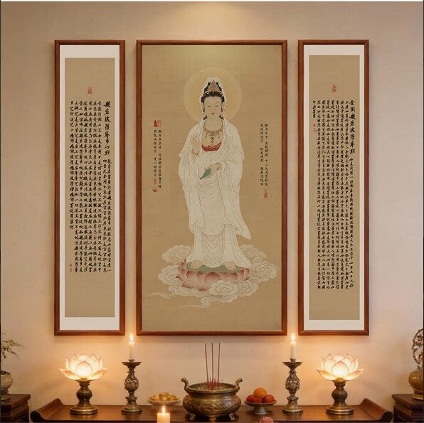 观音菩萨佛像佛堂背景墙装饰画农村堂屋供奉佛像观音赐福三联挂画