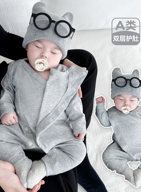 100%纯棉连体衣无骨新生儿哈衣偏襟小月龄宝宝睡衣秋护肚打底爬服