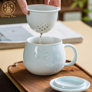 昌南景德镇影青瓷茶杯茶水分离泡茶杯陶瓷过滤带盖办公室个人专用