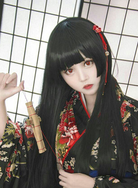 古装cosplay假发 100cm万用黑色长直发阎魔爱wigs 地狱少女三刀齐