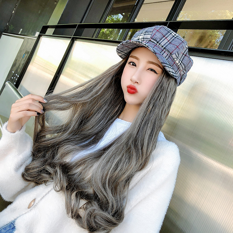 网红长卷发大波浪时尚风帽子一体