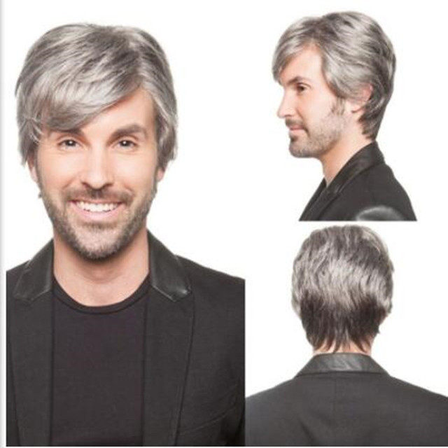 外贸欧美帅气银灰色奶奶灰蓬松短发成熟男士假发套synthetic wigs
