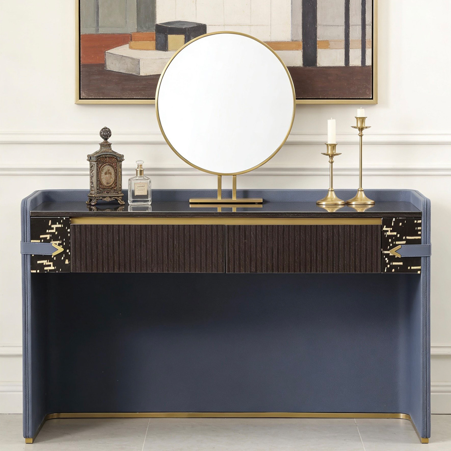 意式轻奢风梳妆台带镜实木皮革艺术桌奢华型移动现代带抽屉梳妆台