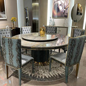 意式 轻奢蓝金沙大理石餐桌别墅奢华餐厅饭桌椅组合家用不锈钢圆桌