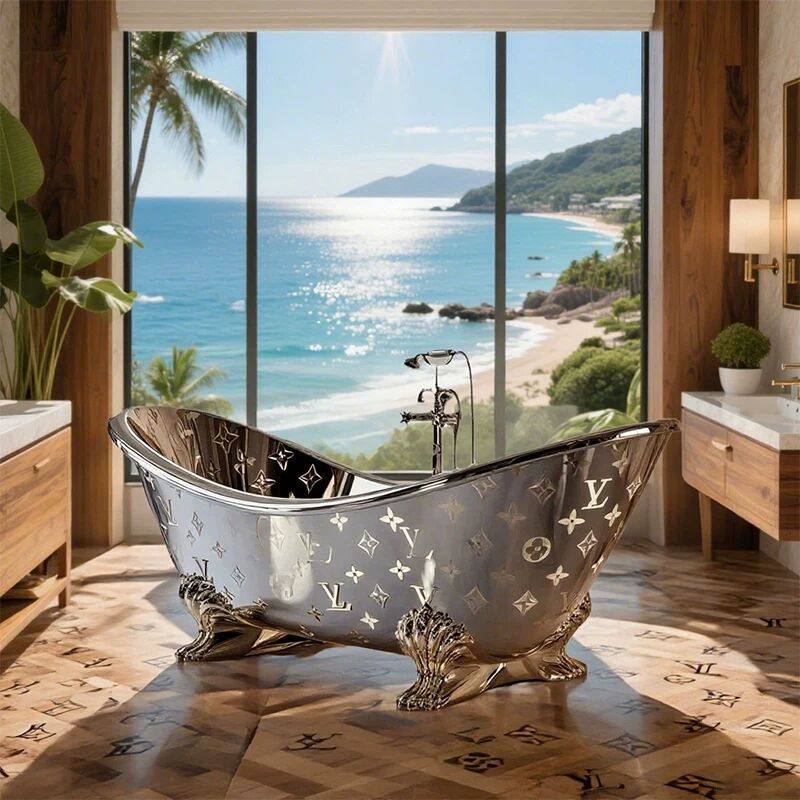 轻奢不锈钢浴缸别墅家用酒店豪华设计师款椭圆艺术独立式洗澡缸