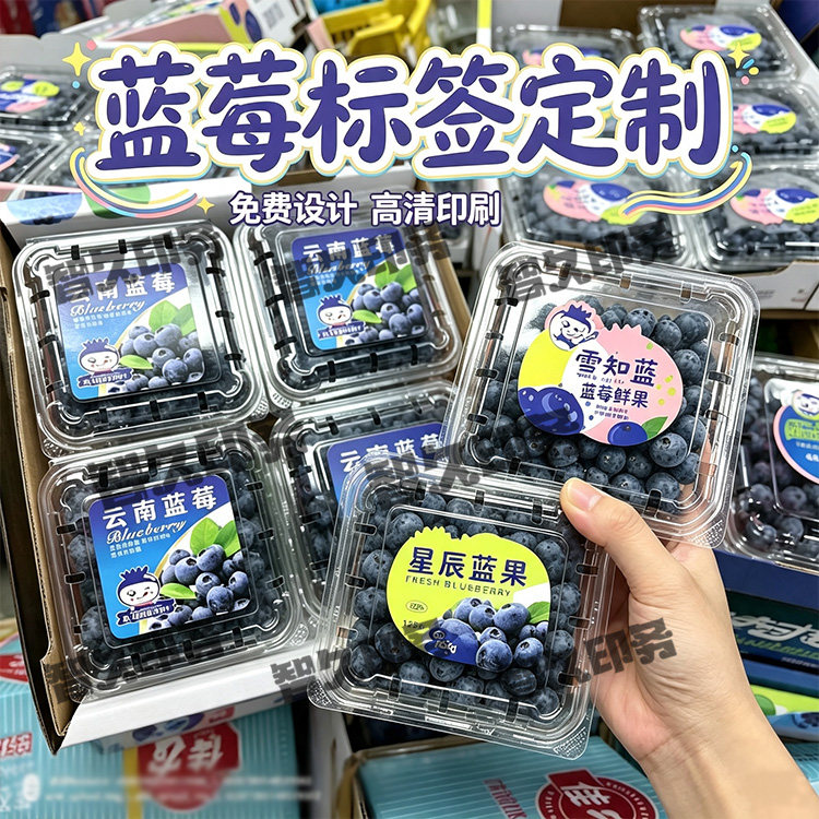 定制新鲜蓝莓不干胶标签蓝莓果干鲜果商标榴莲菠萝蜜草莓贴纸设计