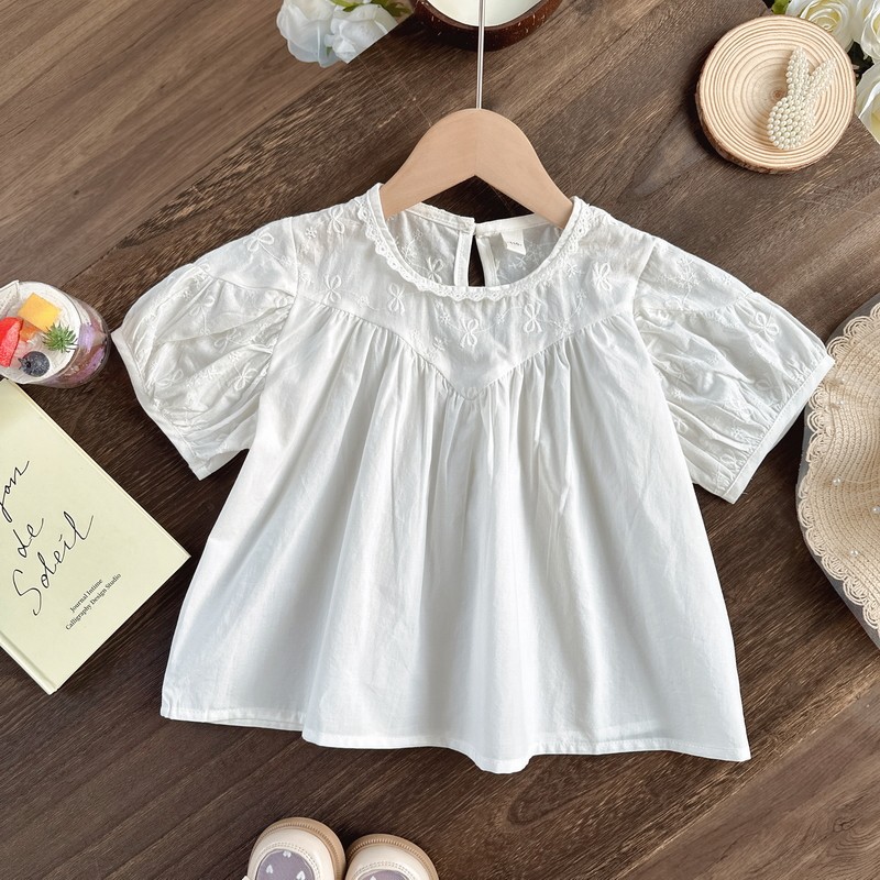 女童纯棉洋气白衬衣短袖小女孩夏装小衫女宝宝娃娃衫女童衬衫宽松