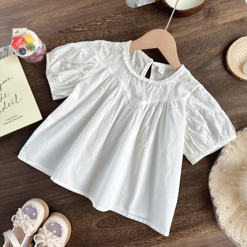 女童短袖衬衫娃娃衫纯棉2026夏季女宝宝洋气上衣儿童白色衬衣夏装