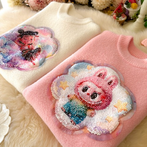 女童拉布布毛衣变脸冬儿童加厚毛线衣女宝宝哪吒亮片针织上衣洋气