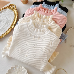 女童毛衣半高领春秋2025新款女童毛衣内搭时髦洋气圆领薄款花边领