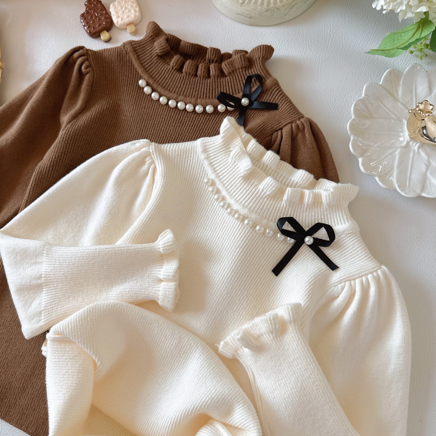 女童高弹修身打底毛衣洋气甜美小女孩花边领针织衫百搭打底针织衫