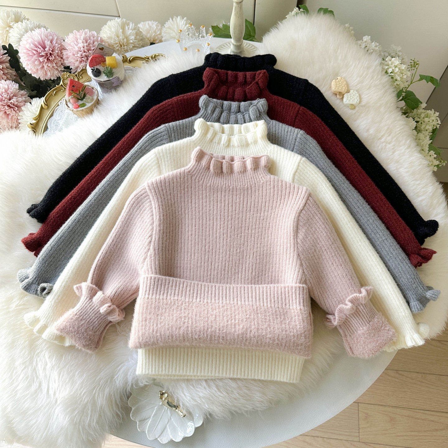 女童毛衣一体绒2025冬装女宝宝花边领加厚打底女童加绒内搭针织衫
