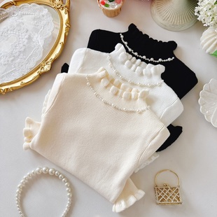 韩系女童内搭毛衫秋冬半高领珍珠装饰袖口荷叶边女宝打底针织衫