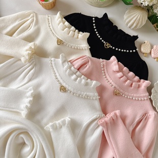 女童修身打底毛衣秋冬2025新款女宝毛衣外套花边领小女孩公主内搭