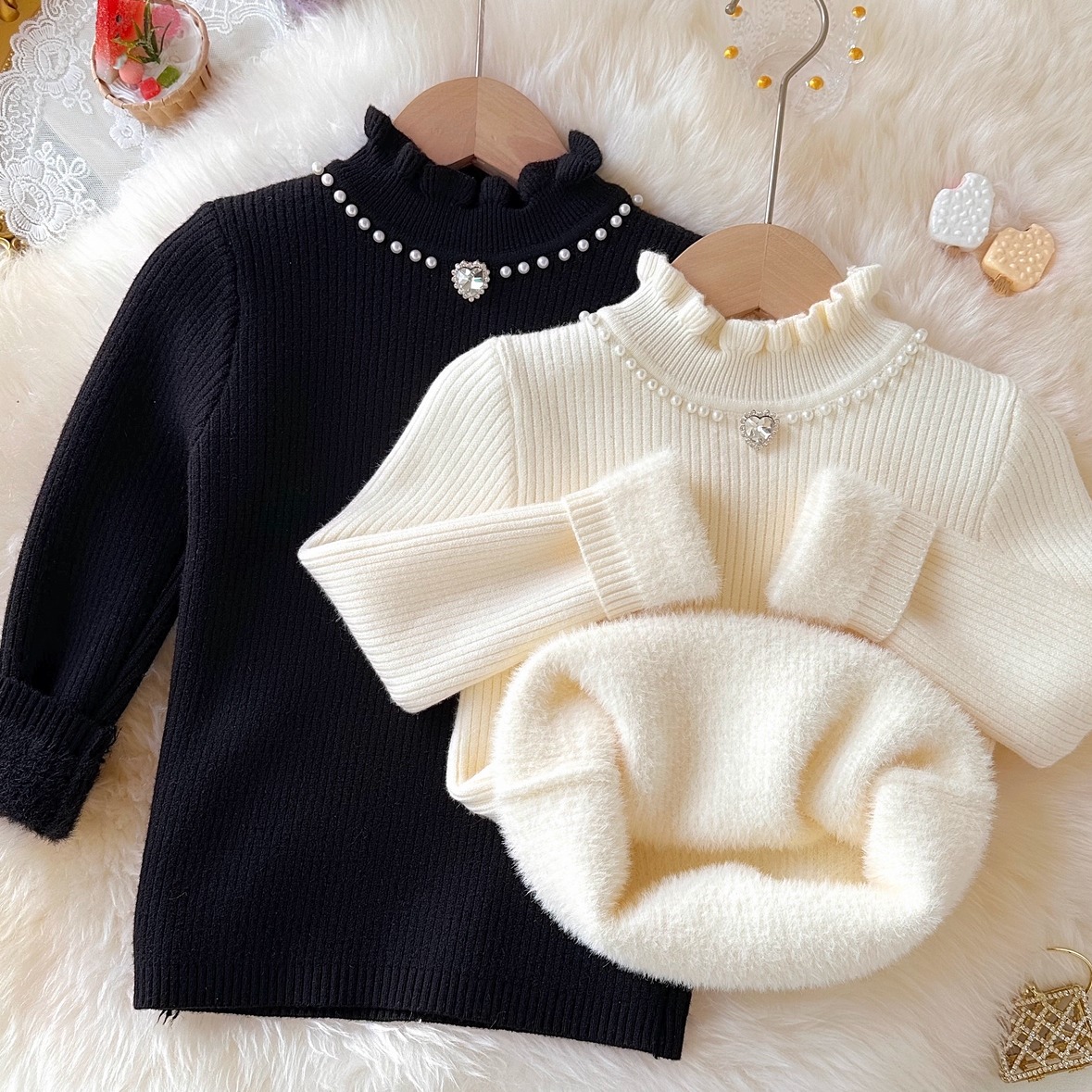 女宝宝加绒毛衣女童一体绒打底毛线衣冬加厚小女孩花边领内搭上衣
