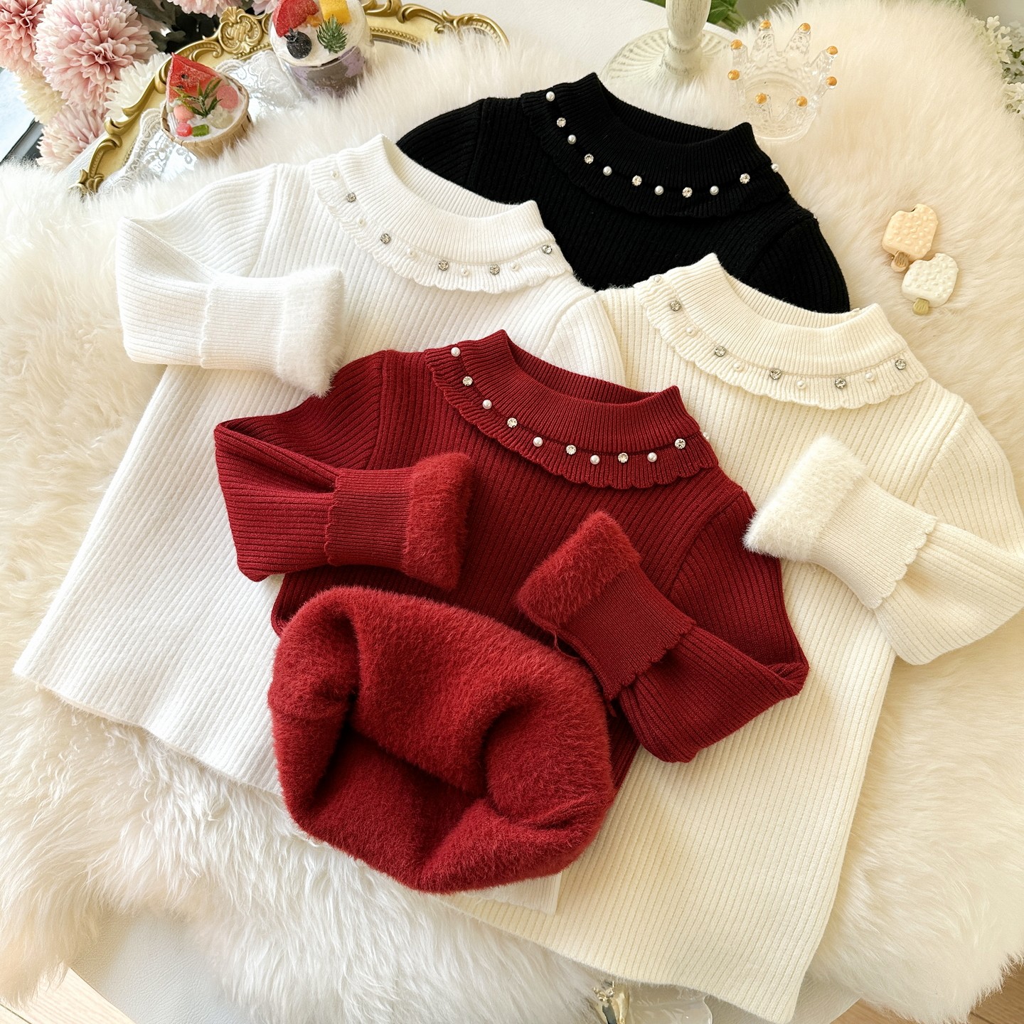 女童一体绒毛衣冬装洋气钉珠娃娃领加绒加厚儿童针织保暖打底衫