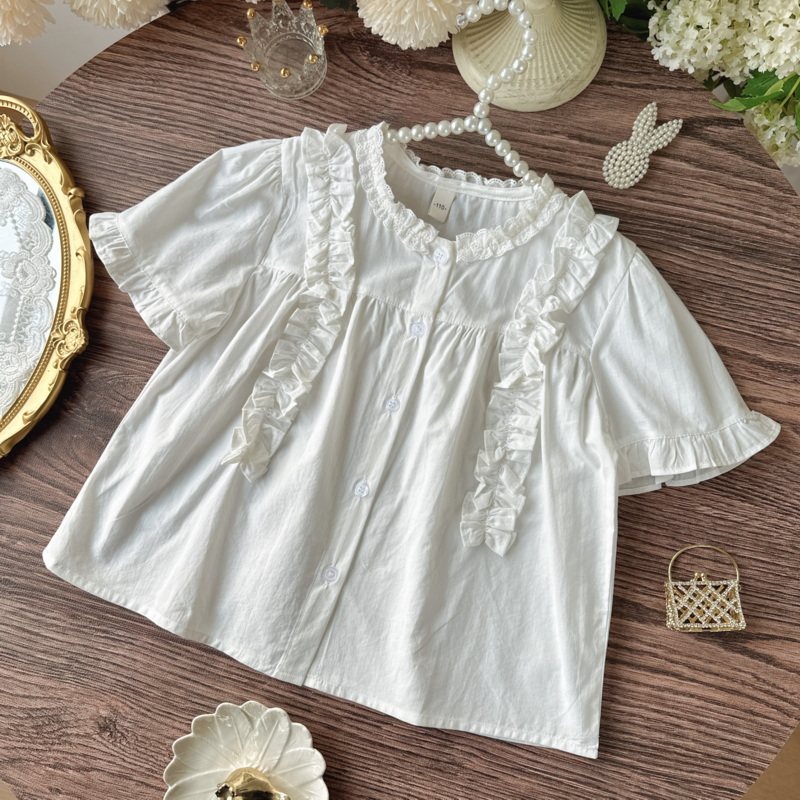女童纯棉短袖衬衫花边领2026新款洋气儿童衬衣白色小女孩甜美上衣