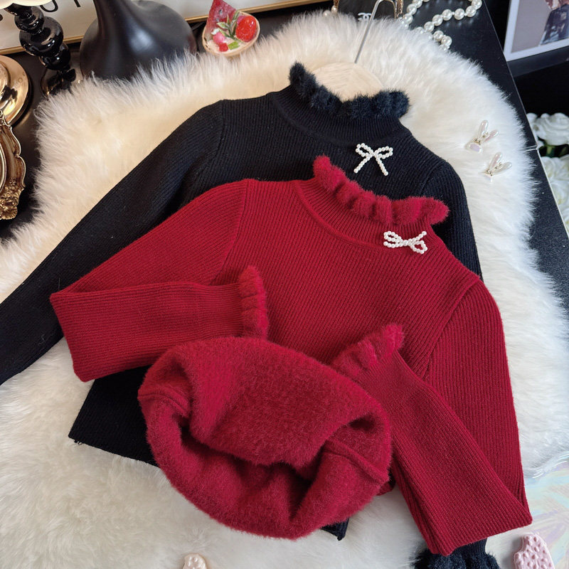 女宝宝一体绒毛衣秋冬款女童加绒内搭打底衫小女孩针织打底衫加厚
