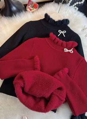 女宝宝一体绒毛衣秋冬款女童加绒内搭打底衫小女孩针织打底衫加厚