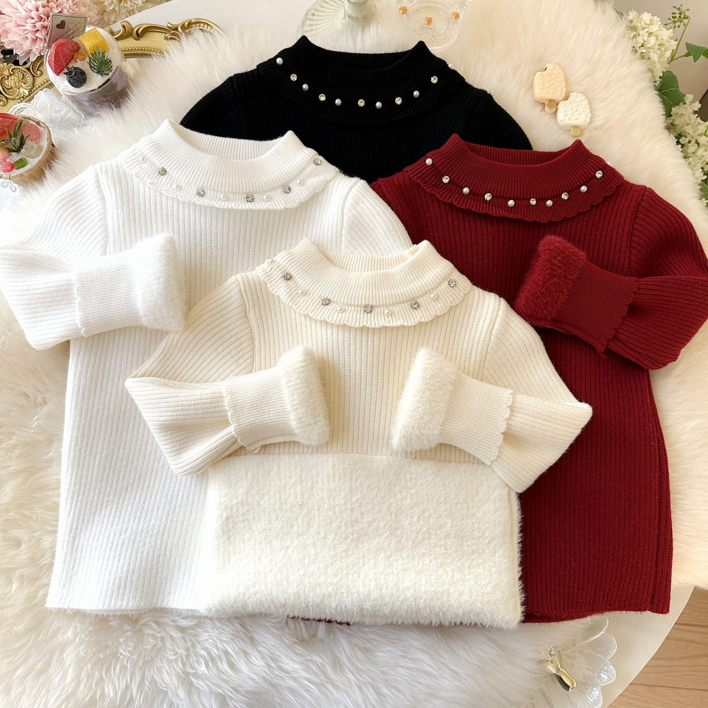 女童毛衣加绒洋气百搭2025冬儿童酒红打底衫女宝内搭毛线衣针织衫