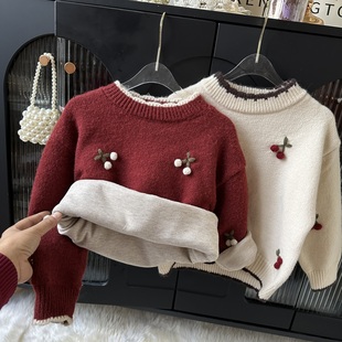 女童毛衣秋冬2025新款女童樱桃毛衣加德绒加厚保暖圆领毛衣洋气