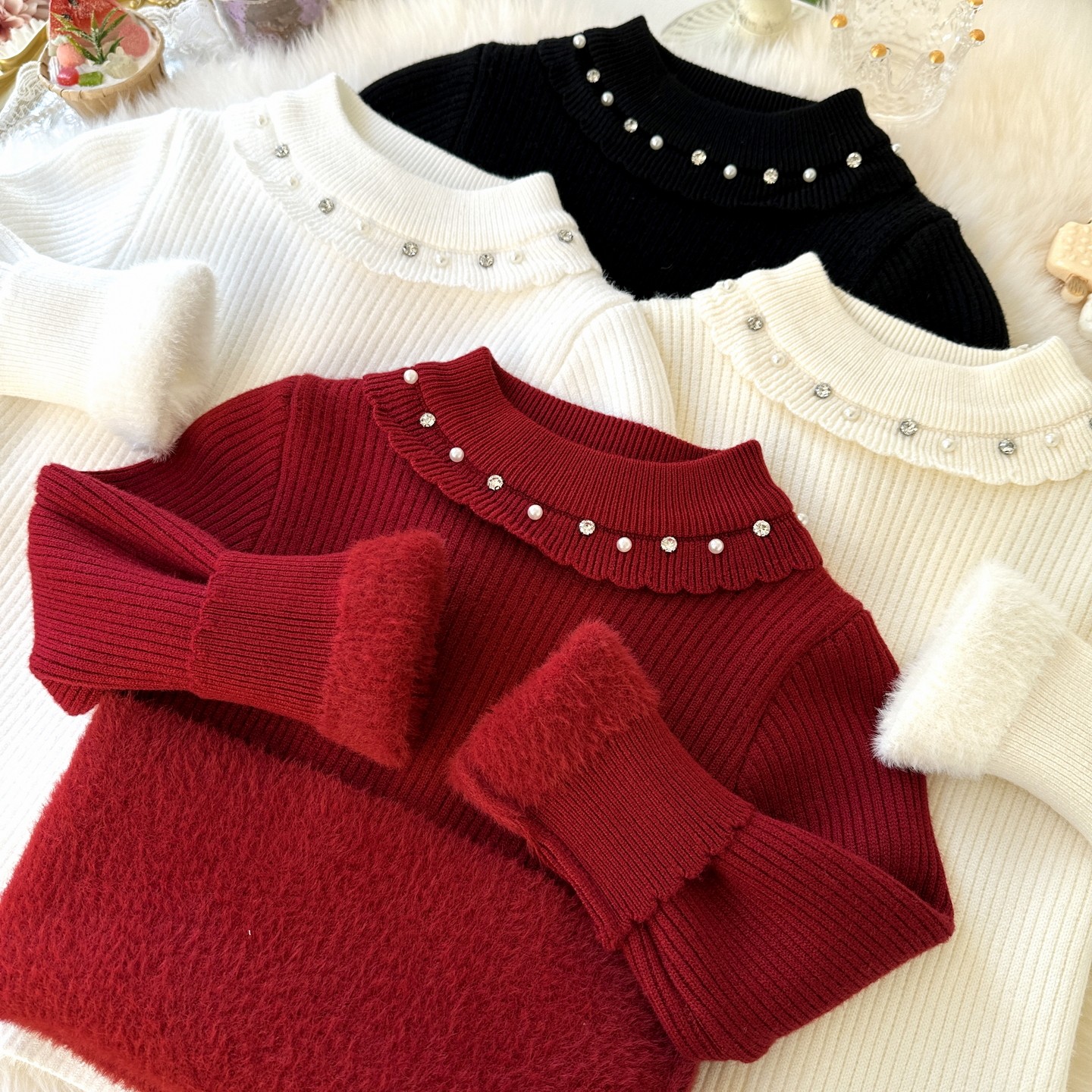 女童一体绒毛衣2026冬新款娃娃领钉珠加绒加厚儿童保暖针织打底衫