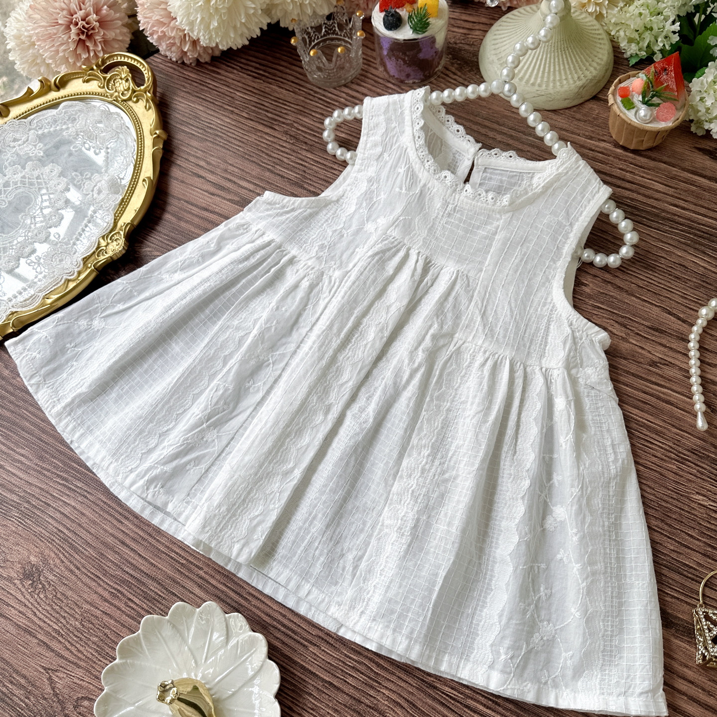 女童衬衫薄款夏季甜美套头无袖儿童衬衫甜美可爱蕾丝花边娃娃衫