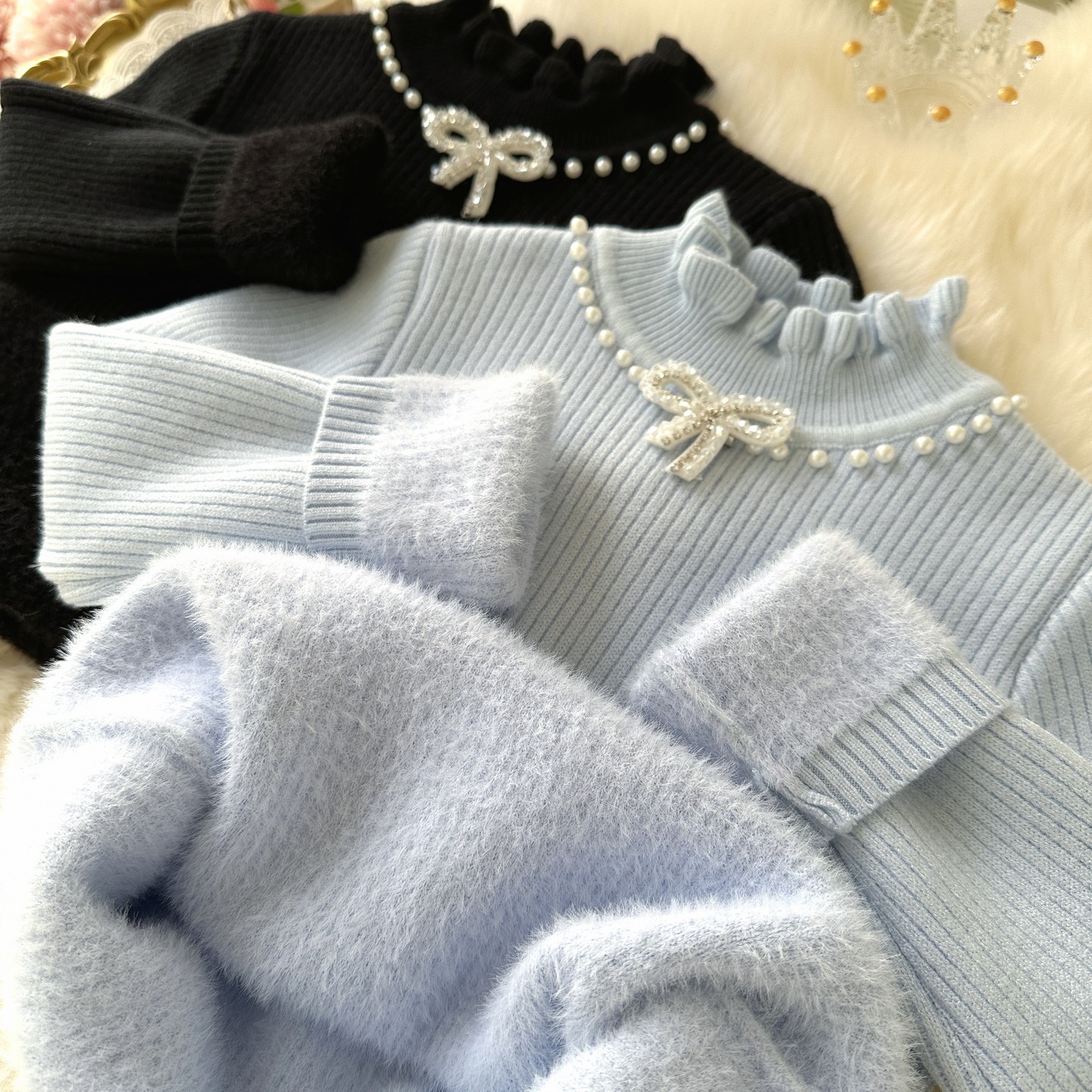 小女孩甜美加绒打底衫长袖花边领女童蝴蝶结修身型保暖加厚针织衫